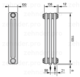 Схема (чертеж) Радиатор Zehnder Charleston 3110/3 №5510 Белый глянцевый RAL 9016